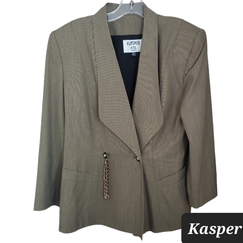 Kasper ASL Womens Double Breasted Blazer 14P Olive Shawl Collar 80s Mob Wife Lux